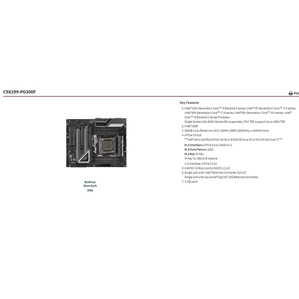 

C9X299-PG300F For Supermicro Motherboard i7 i9 X-series Processor LGA-2066 DDR4-2933MHz PCI-E3.0 M.2 U.2