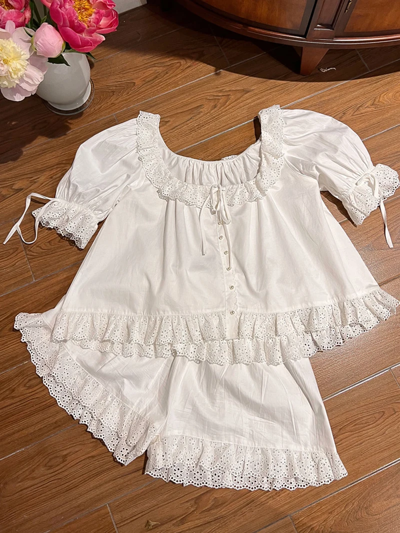 Women French Sweet Girls Summer Short Sleeve Homewear Pajama Two Piece Set Victorian Lolita Ruffles Vintage Princess Sleepwear