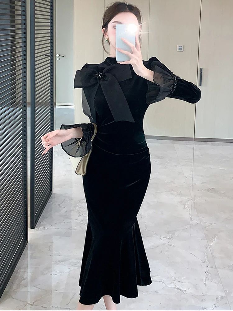 Темпераментные элегантные черные бархатные вечерние платья для женщин милое