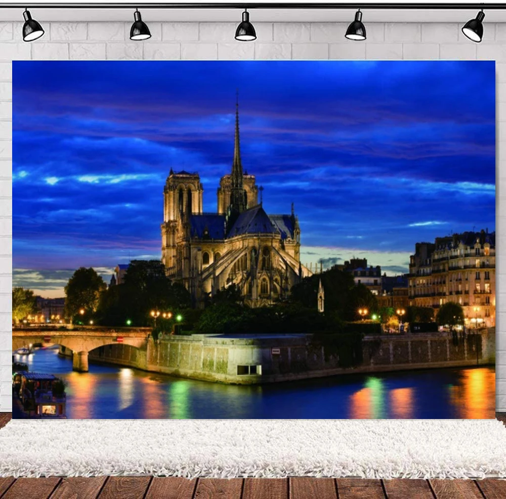 

Photography Backdrop Notre Dame at Night Tourist Attraction Historic Building Theme Pictorial Cloth Background Studio Props
