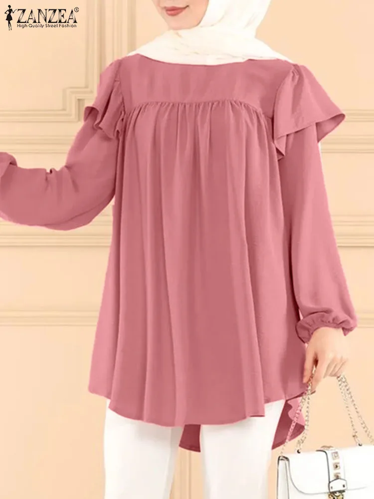

Muslim Tops For Women ZANZEA Vintage Solid Ruffle Long Sleeve Blouse Autumn Work OL Abaya Shirt Tunic Islamic Clothing Ramadan