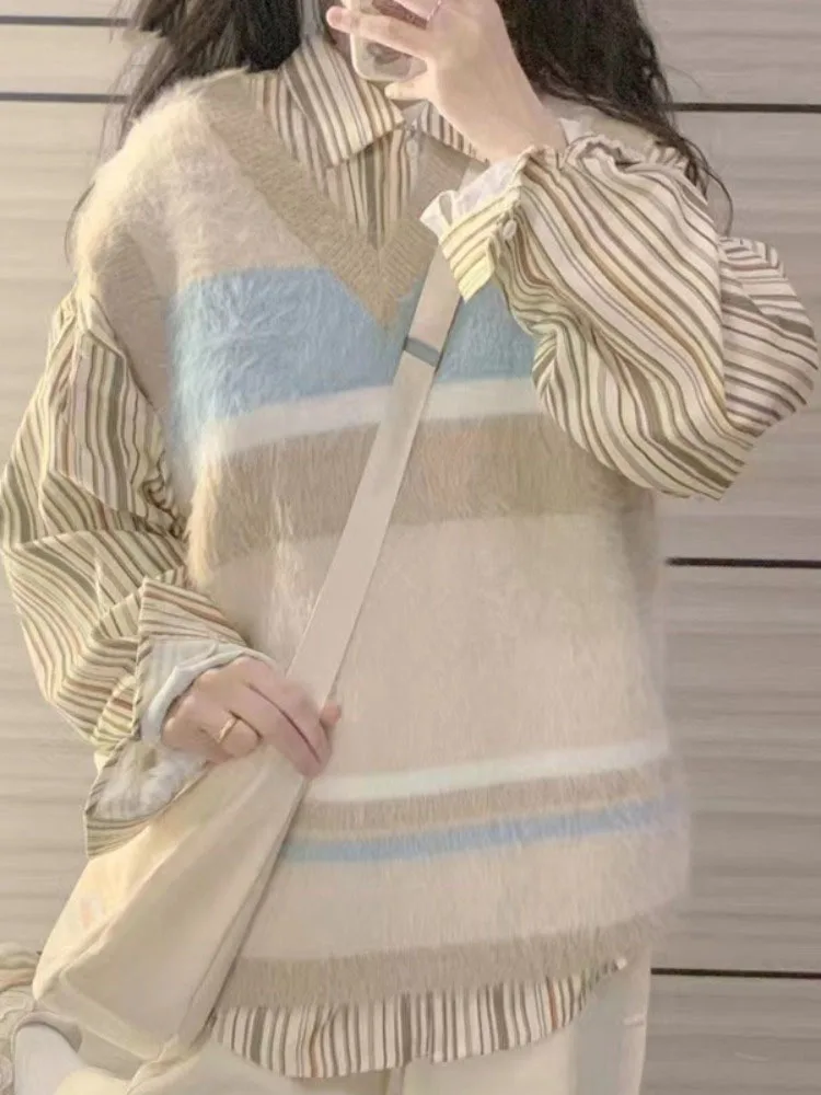 

Sleeveless Sweater Vest Casual Vintage V-neck Pullovers Y2k Aesthetic Women Streetwear Loose Striped Knitwear Sweater Waistcoat