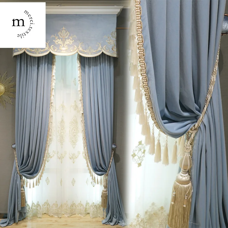 

European Style Curtains for Living Room Bedroom Dining Custom Haze Blue Velvet Luxury Blackout Window Macrame Curtain Room Decor