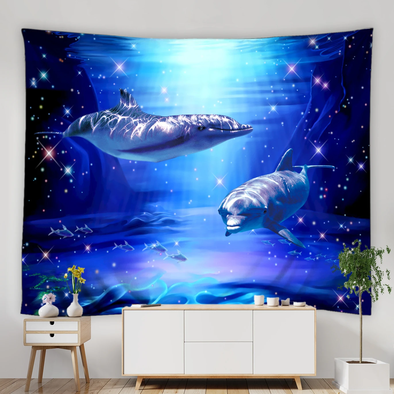 

Гобелен в виде дельфина для глубоководного моря, подвесная ткань, синее дно для океана, морские животные, гостиная, спальня, кровать, прикров...