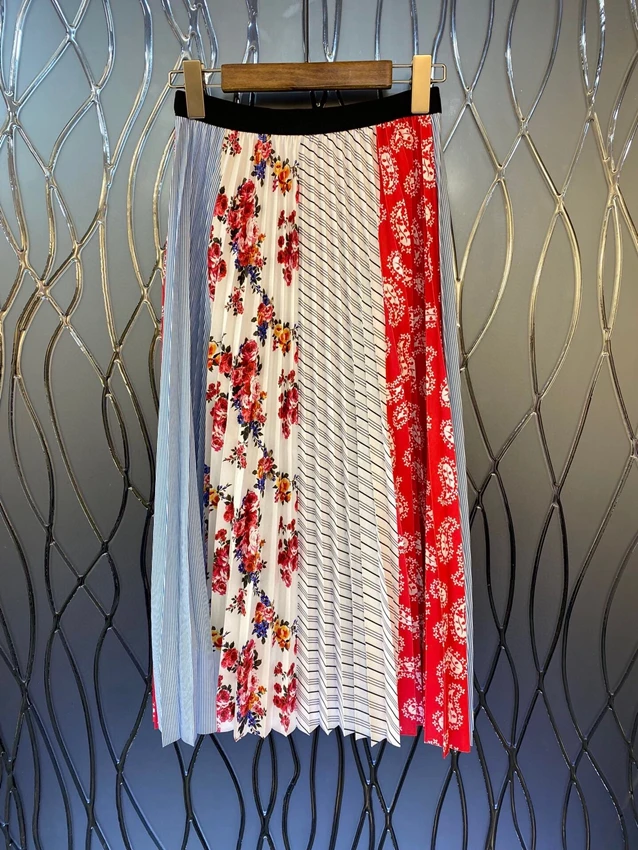 

2023 new women fashion sexy casual pleated pleated splicing floral ethnic style long skirt versatile skirt 0423