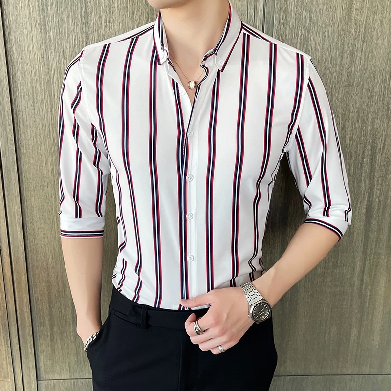 

2022 New Men's Three-quarter Sleeve Shirts Striped Print Business Breathable Shirts Outdoor Daily Work Shirts