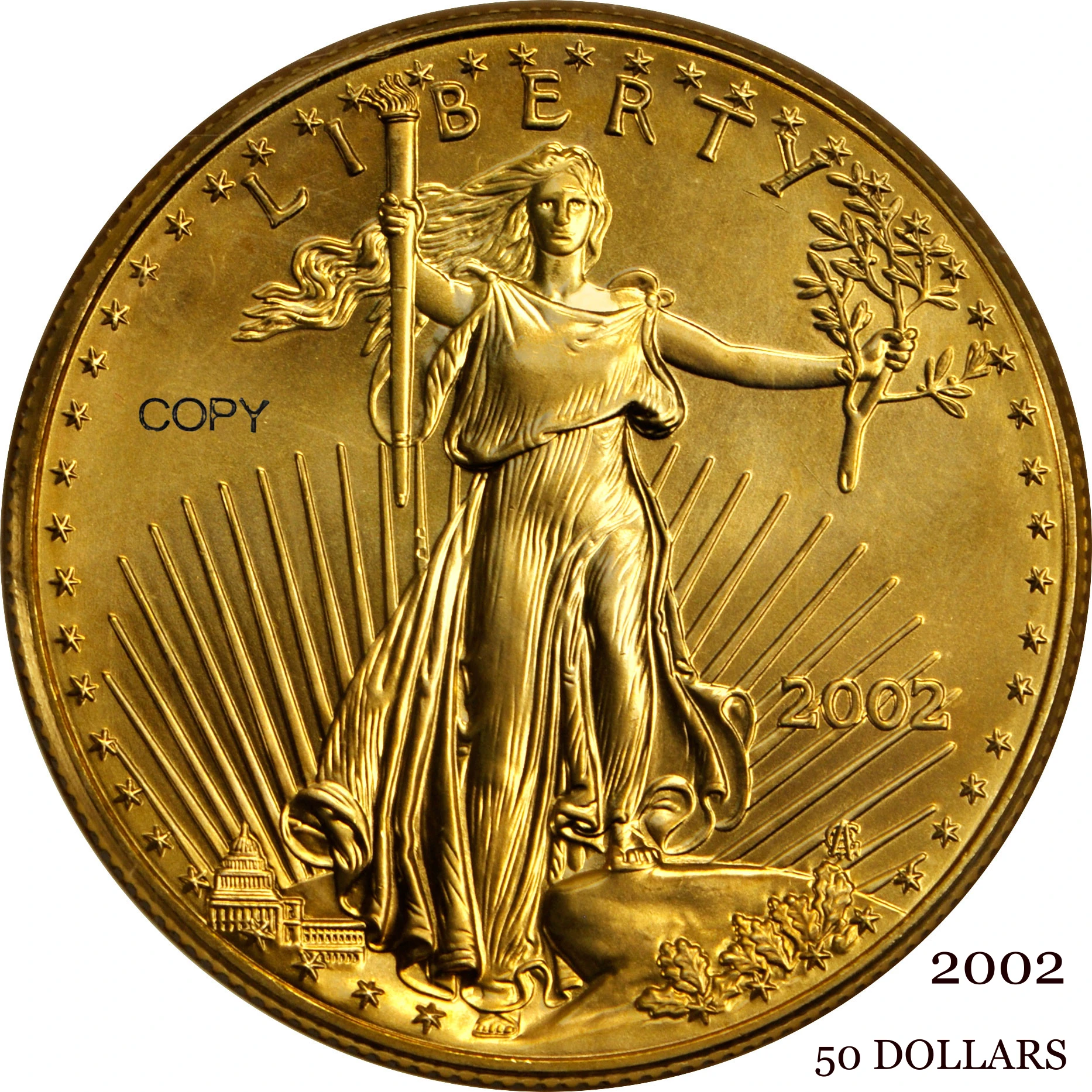 United States US 2002 $50 50 Dollars One Ounce American Fine Gold Eagle Bullion Coinage USA Liberty Brass Metal Copy Coin