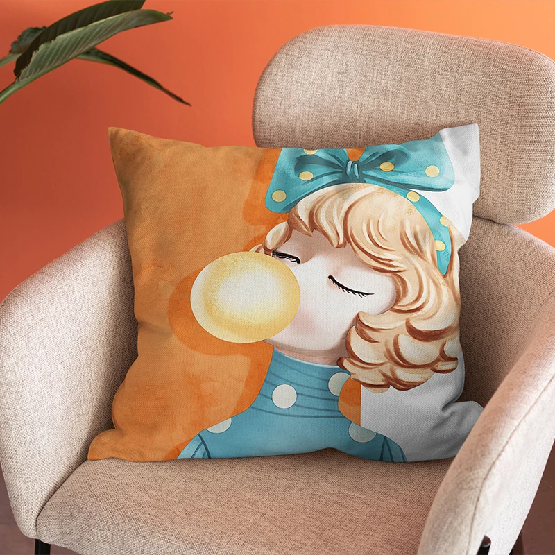 

Short Plush Throw Pillow PP Cottom Girl Blowing Bubbles Soft Decorative Square Cushion Small Fresh For Sofa Bedroom Car Home
