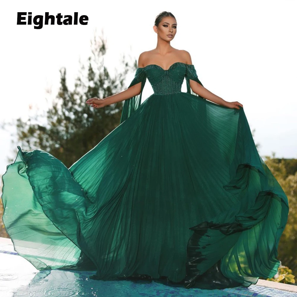 

Eightale Emerald Green Evening Dress for Wedding Party Off Shoulder Beaded Cap Sleeves A-Line Arabic Prom Gown Celebrity Dress