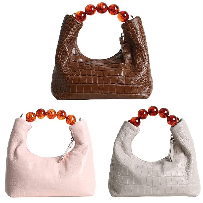 Mini Hobos Handbags For Women 100% Genuine Leather Alligator Cowhide Round Bead Handle One Shoulder & Crossbody Bags Girls Purse