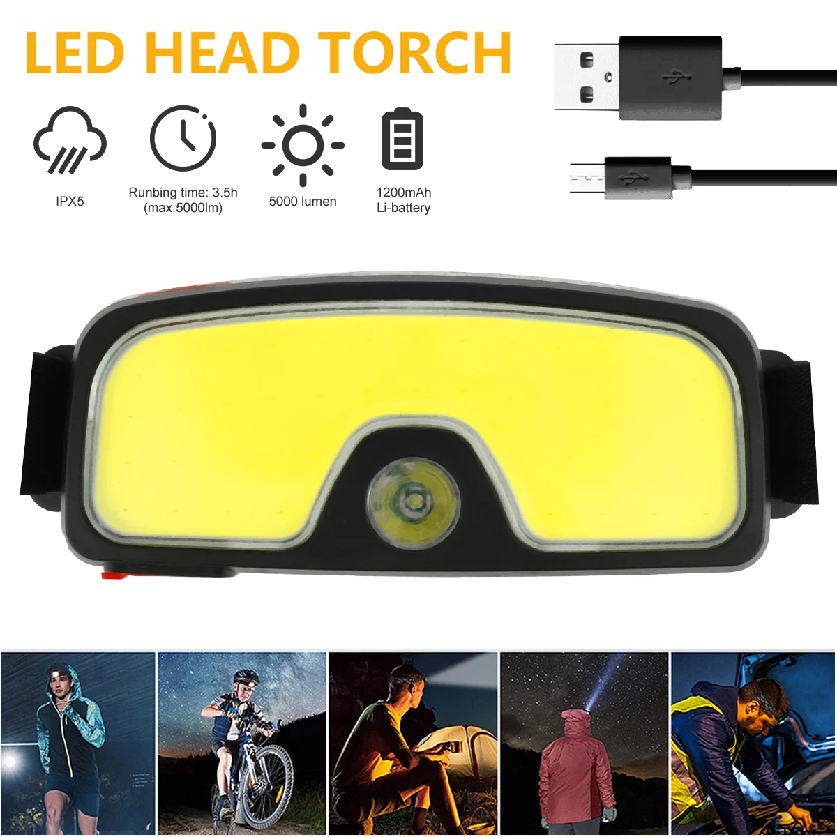 

Rechargeable Headlamp IPX5 Waterproof Headlight 5000 Lumen Super Bright LED Headlamp with 5 Lighting Modes Lightweight Foldable