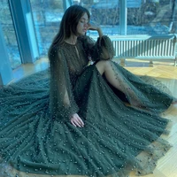 sevintage dark green beaded pearls prom dresses long sleeves high side split a line evening gowns formal party dress 2022