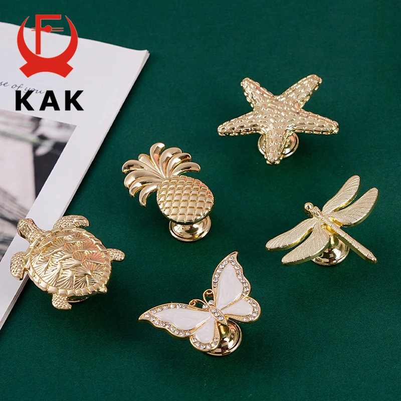 KAK Plant Animal Shape Furniture Handle Copper Color Drawer Knobs Retro Dresser Knobs Gold Kitchen Handles Door Pulls Hardware