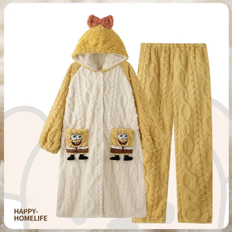 

New Kawaii Spongebob Pajama Sets Cartoon Winter Warm Thickened Flannel Pajamas for Women Anime Home Clothes
