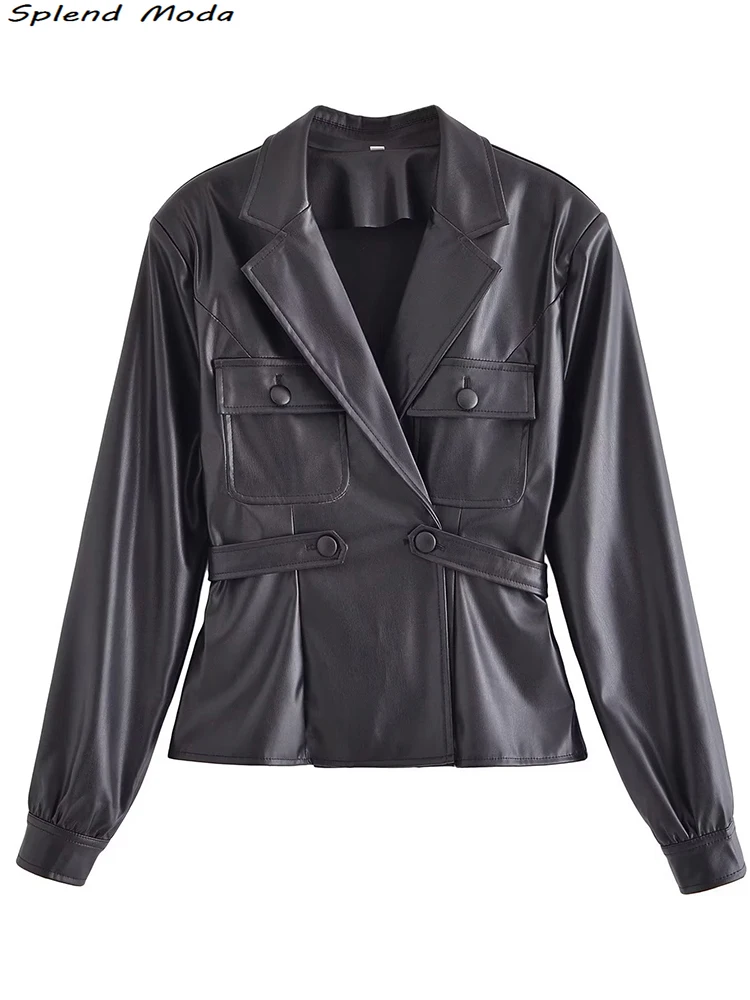 

Splend Moda 2022 Za Women Fashion Young Style Black PU Leather Jacket Coat Casual Lapel Collar Pockets Jackets Chic Outwear