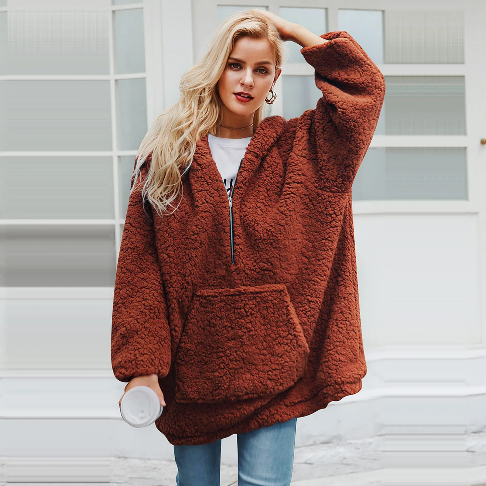 

Women Fashion Hooded Zipper Fleece Grain Tops 2021 Woman Plush Thickening Long-sleeved Loose Sweater Ladies Clothing