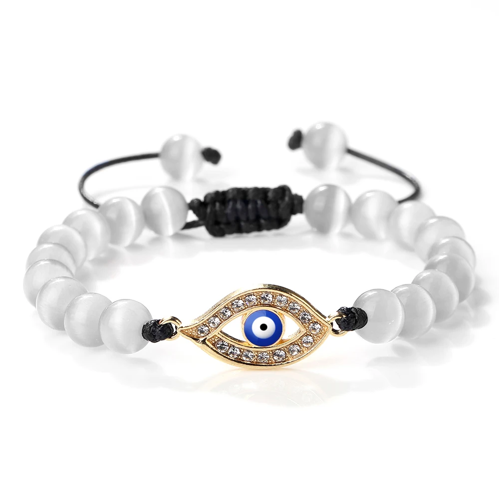 

Women Opal Bracelets Lucky White Cat's Eye Stones Beaded Bracelets Men Turkey Evil Eye Adjustable Chain Bracelet Fashion Jewelry