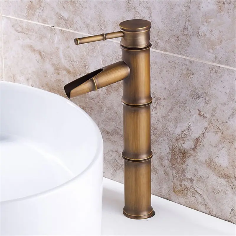 Waterfall Bathroom Sink Faucet Cold/Hot Mixer Basin Tap Bamboo Style Basin Tap