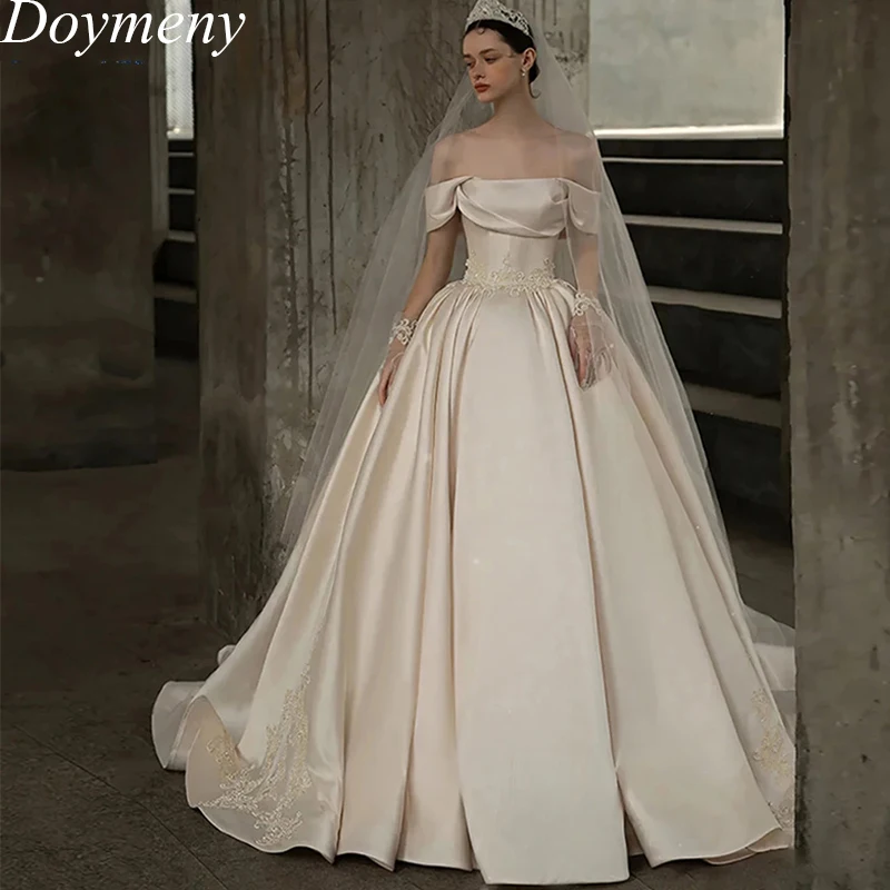 

Doymeny Bridal Wedding Dress Strapless Court Train Off The Shoulder Appliques Backless Satin Exquisite Luxury Robe De Mariée