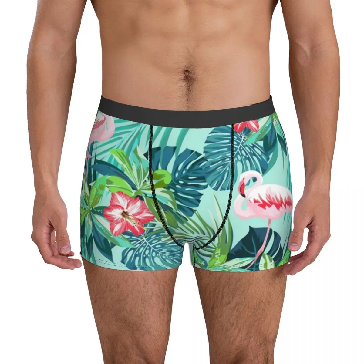 

Flamingo Flower Print Underwear Bright Green Leaf Men Panties Sublimation Stretch Trunk Trenky Shorts Briefs Plus Size