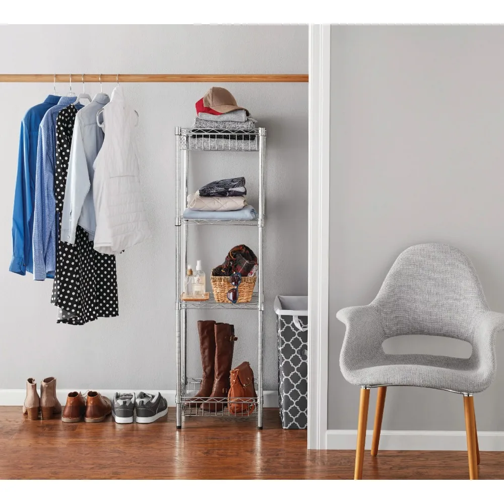 

4 Shelf Steel Wire Shelving Tower With Caster 16"Dx16"Wx57.4"H Chrome Freight Free Home Gadgets Storage Organization Garden