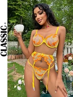 classic lingerie sexy underwear 3 pieces embroidery fancy lace intimate set for couple transparent luxury yellow matching sets
