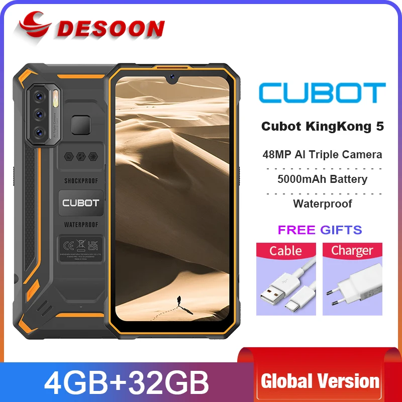 Cubot KingKong 5 Rugged Phone Waterproof Smartphone 5000mAh 48MP Triple Camera Android 11 NFC 4GB+32GB Cellphone FACE ID Unlock