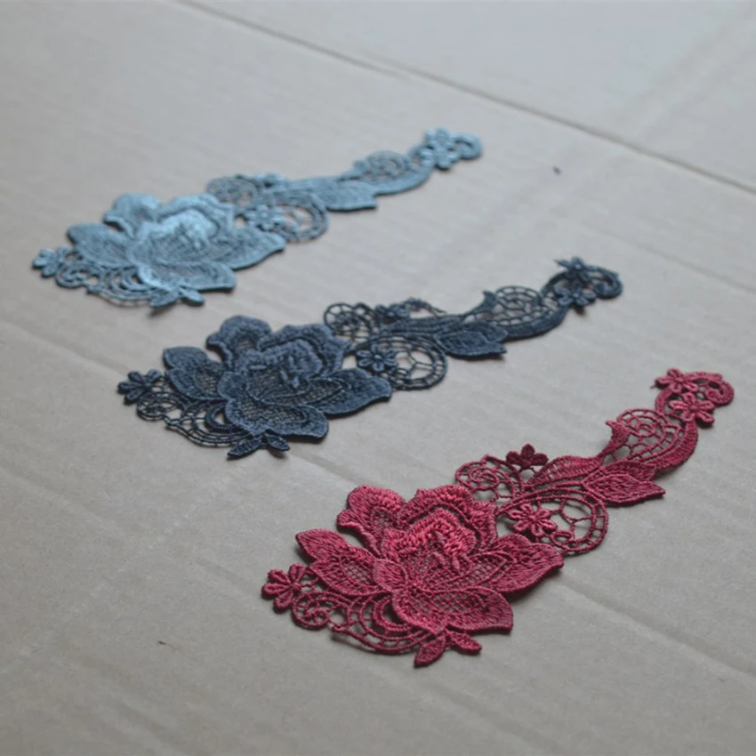 

4Pcs/Lot 15*7cm Shiny Dard Red Black Grey Flower Gradient Sewing Motif Venise Applique for Garment Embroidery Lace Patches