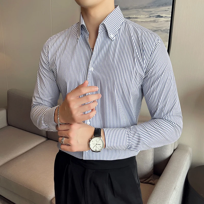 

Деловая формальная одежда, рубашка в полоску с длинным рукавом для мужчин, одежда 2022, облегающие повседневные смокинговые рубашки в британс...
