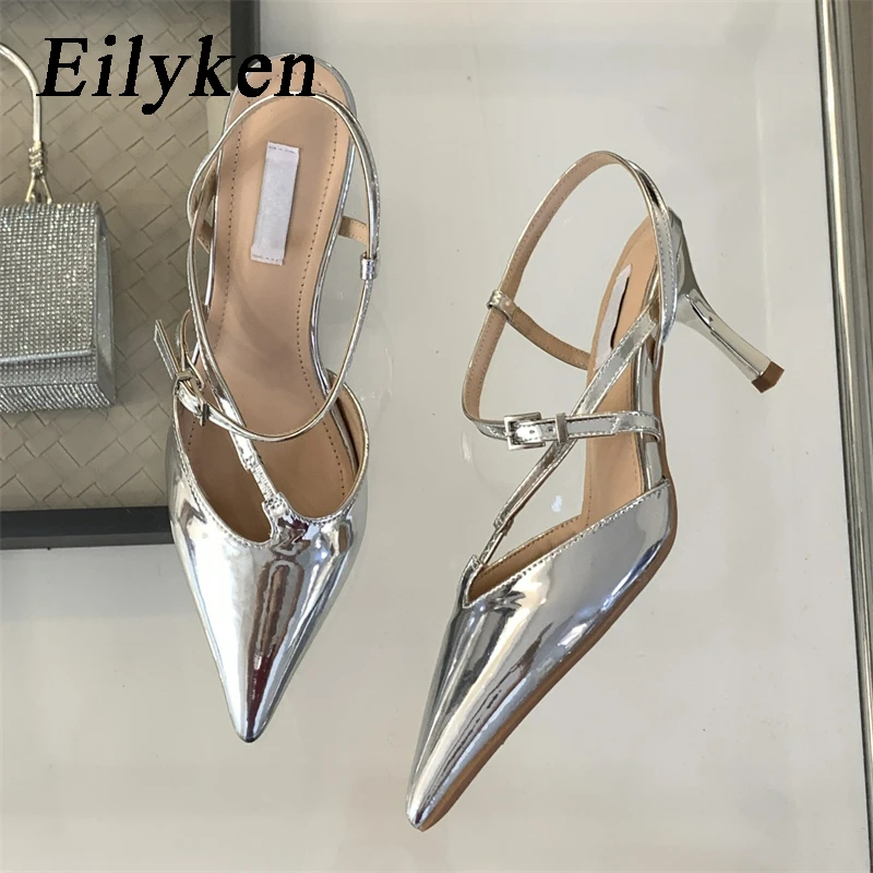 

Eilyken/модные серебристые женские туфли-лодочки на высоком тонком каблуке; Коллекция 2024 года; Летние босоножки с острым носком и ремешком с пряжкой; Пикантные туфли без задника