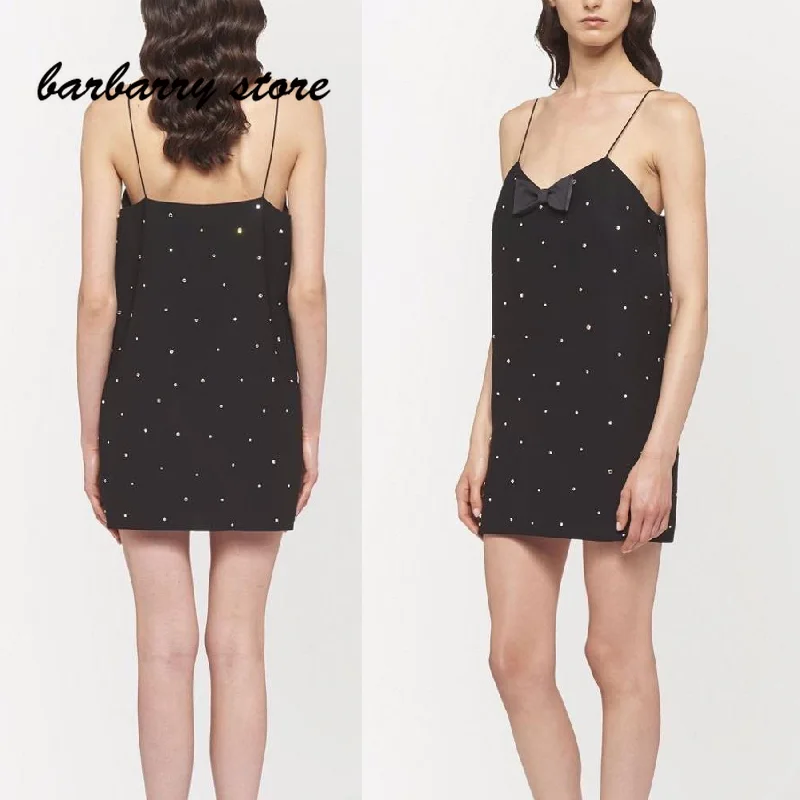 

2022 summer women's new luxury design heavy industry inlaid Nail Drill decorative straight skirt sexy off shoulder Sling Dress