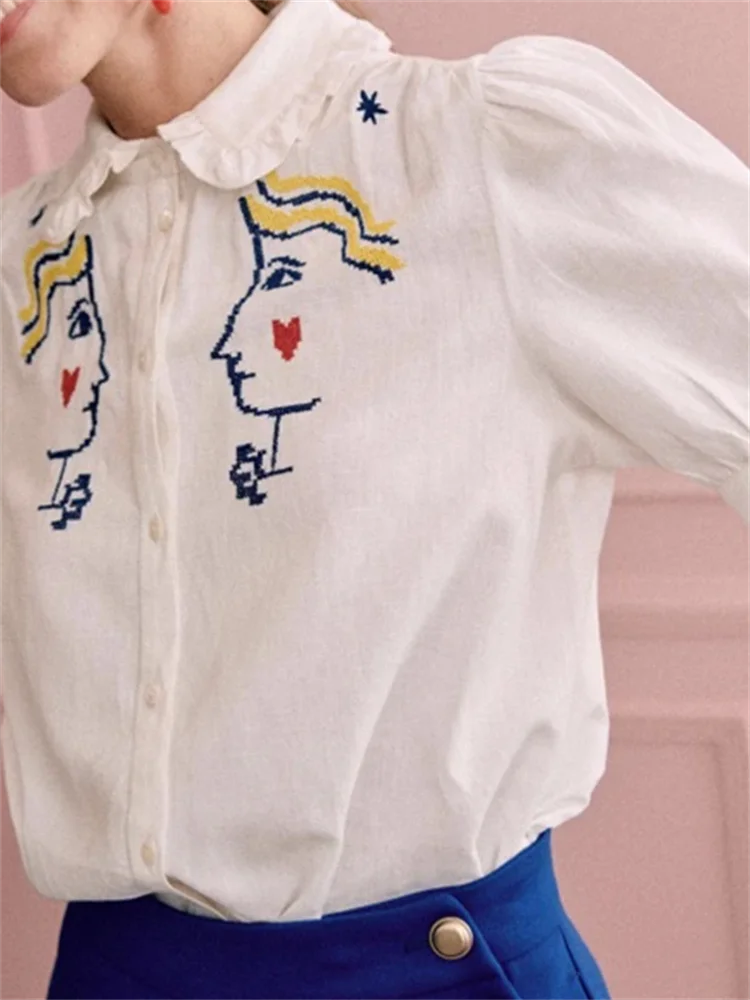 Распродажа Женская блузка с пышными рукавами и мультяшной вышивкой