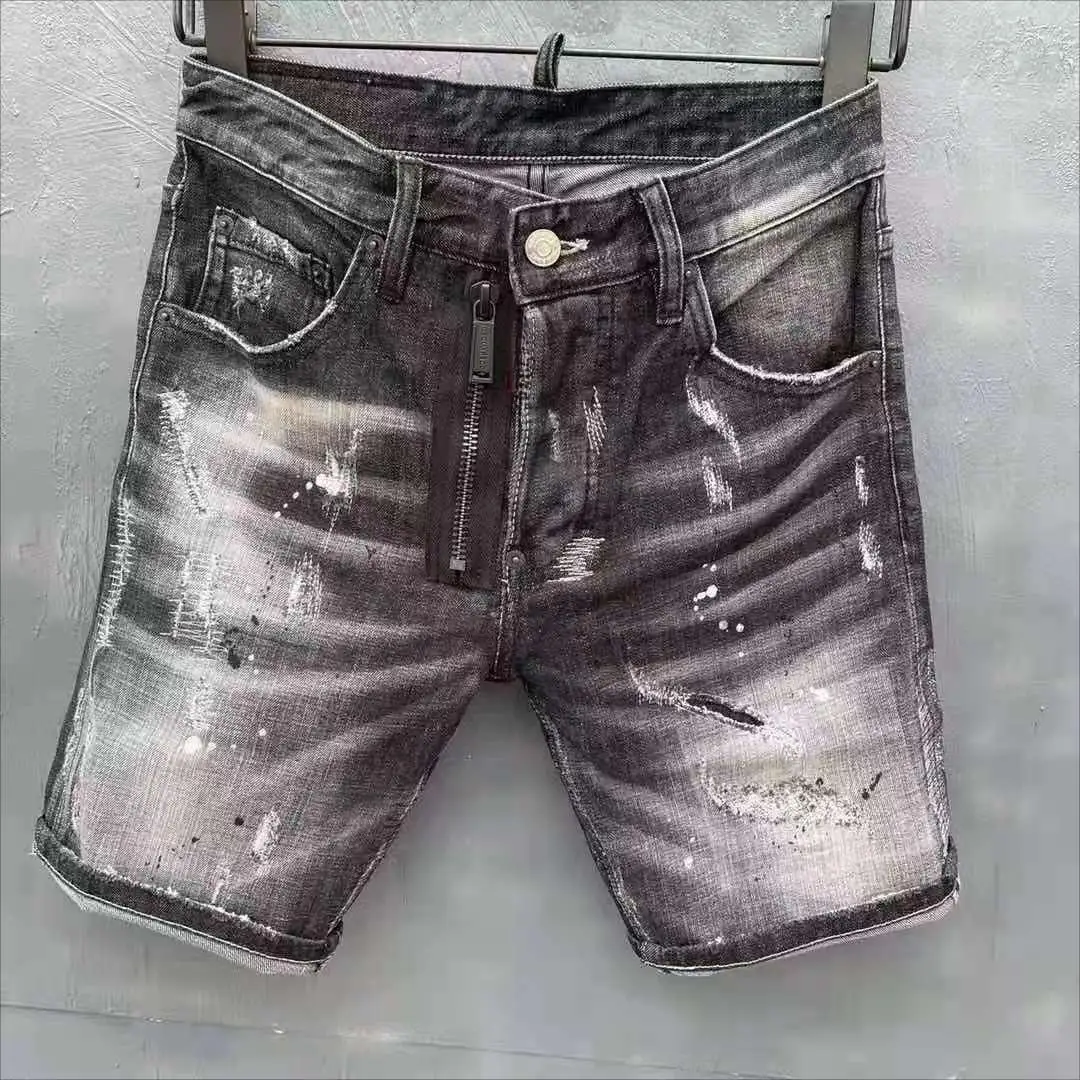 

Men's Black False Zipper Scratched Ripped Hole Fashion Short Jeans Shorts D959#