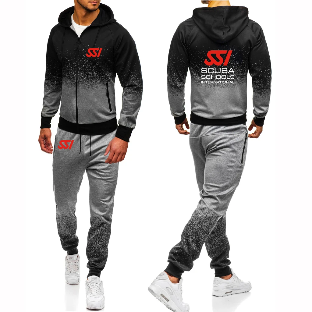 

2023 New Man's Fashion Scuba Diving Dive SSI Printing Spring Autumn Gradual Colour Slim Fit Sweatshirt Sweatpants 2-Piece Set