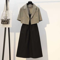 2022 summer black blazer slip dress 2 pieces sets korean fashion short sleeve office casual clothes women elegant dress outfits