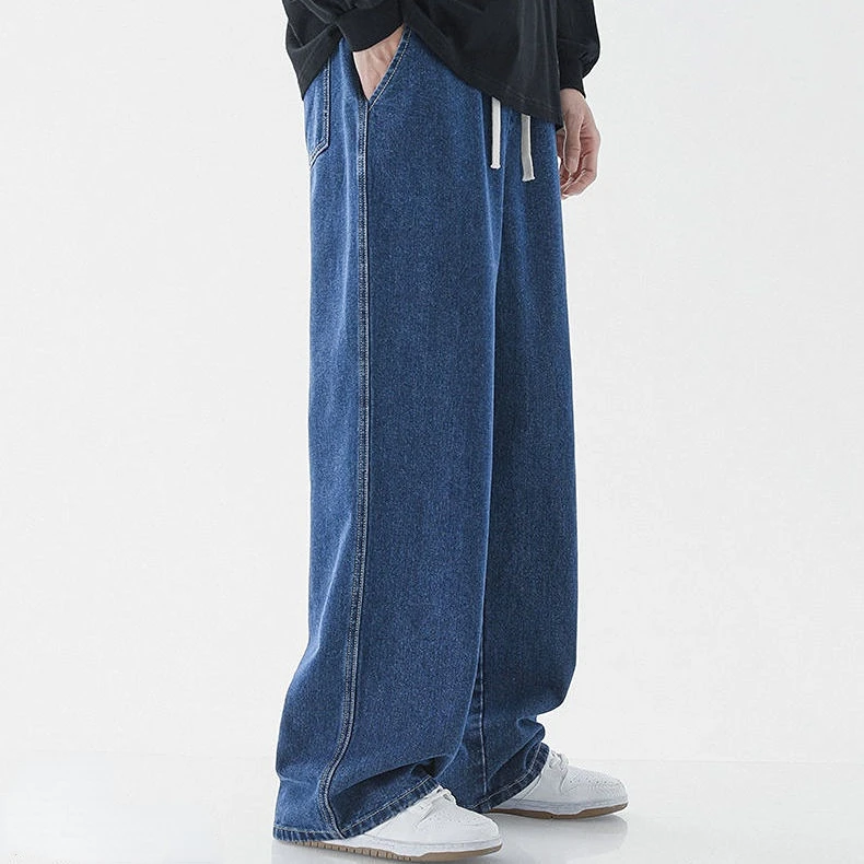 2022 New Jeans Men's Summer Thin Loose Belt Straight Fashion Wide Leg Pants Tide Brand Ins Hong Kong Style Mopping Long Pants