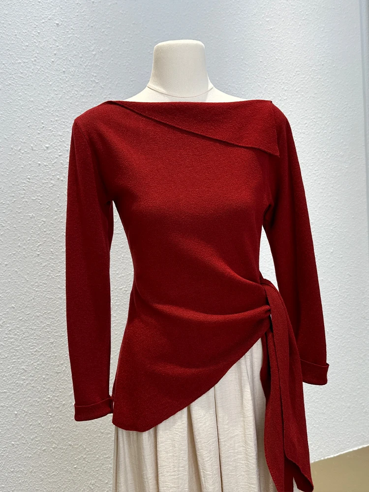 Gentle Sle Sweet Knitted Long sleeves Shirt Women Autumn Fashion Temperament off-Neck Lace-up Bottoming Unique Top