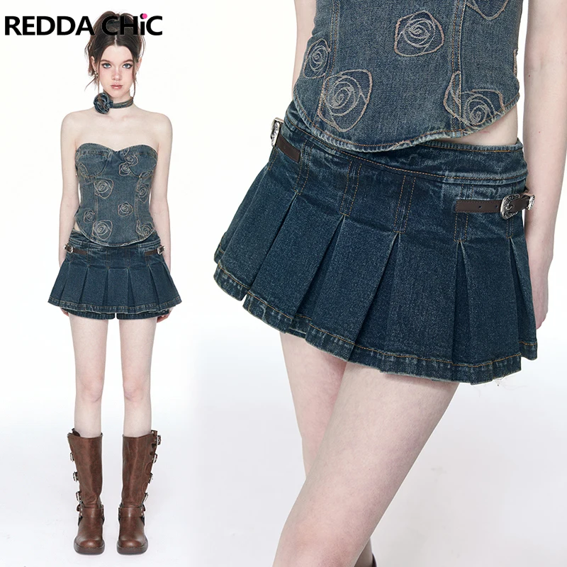 

REDDACHiC Hottie Mini Pleated Women Denim Skirt Pants 2-In-1 Blue Short Jean Skorts Summer New Y2k Grunge Acubi Fashion Clothes