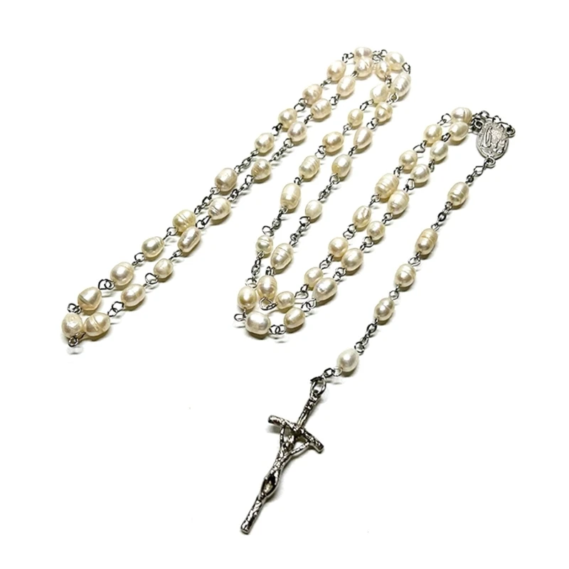 

KX4B Christian Pearl Beads Rosary Necklaces Catholic Religious Jewelry Prayer