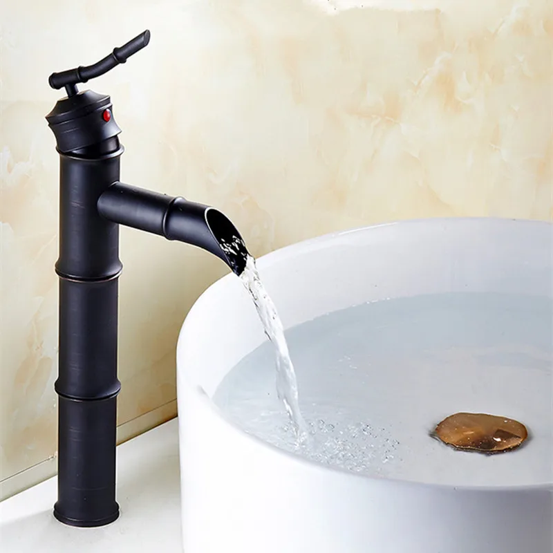 

Basin Faucets Black Brass Bamboo High Arch Bathroom Sink Waterfall Faucet 1 Lever Oil Rubbed Bronze Hot Cold Mixer Taps