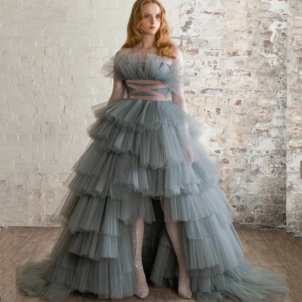 

2023 Gorgeous Dusty Blue Ruffled Tulle Evening Dresses Long A Line Long Sleeves Tiered Prom Gowns Women Party Vestidos De Gala