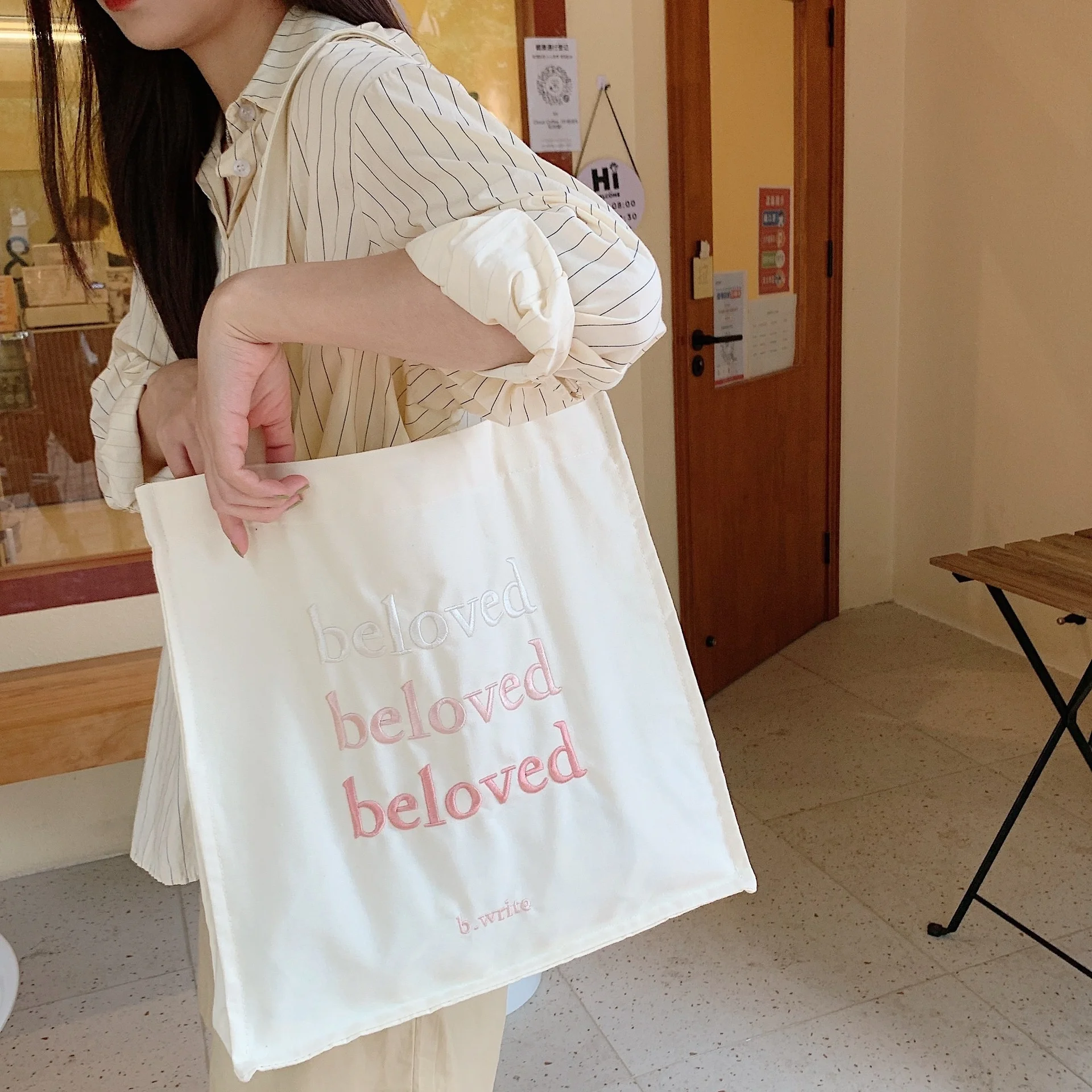 

Letter Embroidery Women's Canvas Bag Korean Style Simple Solid Color Girl Student Shoulder Bag Casual Letter Open Handbags