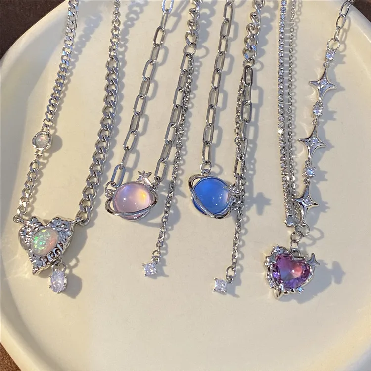 

Y2K Jewelry Colorful Opal Heart Pendant Necklace For Women Fashion Vintage Punk Geometric Necklace Korean Charm 90s Aesthetic