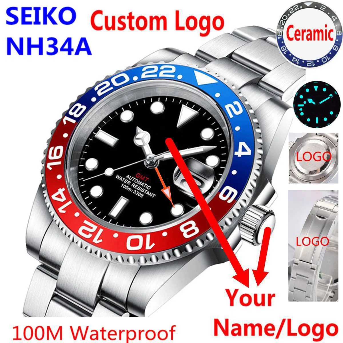 Роскошные мужские часы NH34 GMT, автоматические механические часы 40 мм, Керамическая рамка, светящийся сапфир, водонепроницаемые мужские часы 100 м