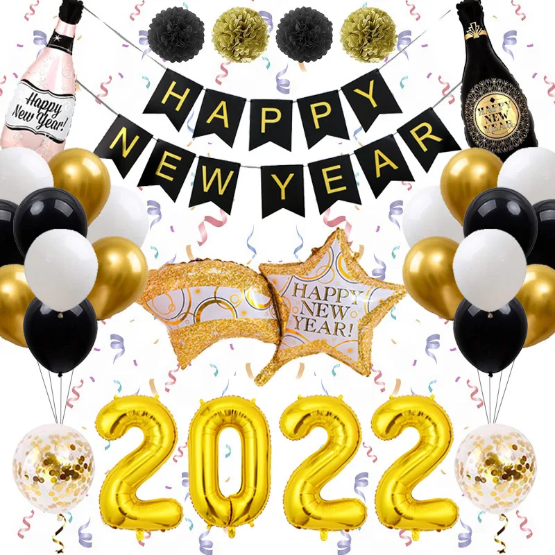 

2022 Happy New Year Foil Balloons Gold Black Latex Foil Bottle Wine Glass Balloons New Year Eve Decoration Xmas Party Supplies