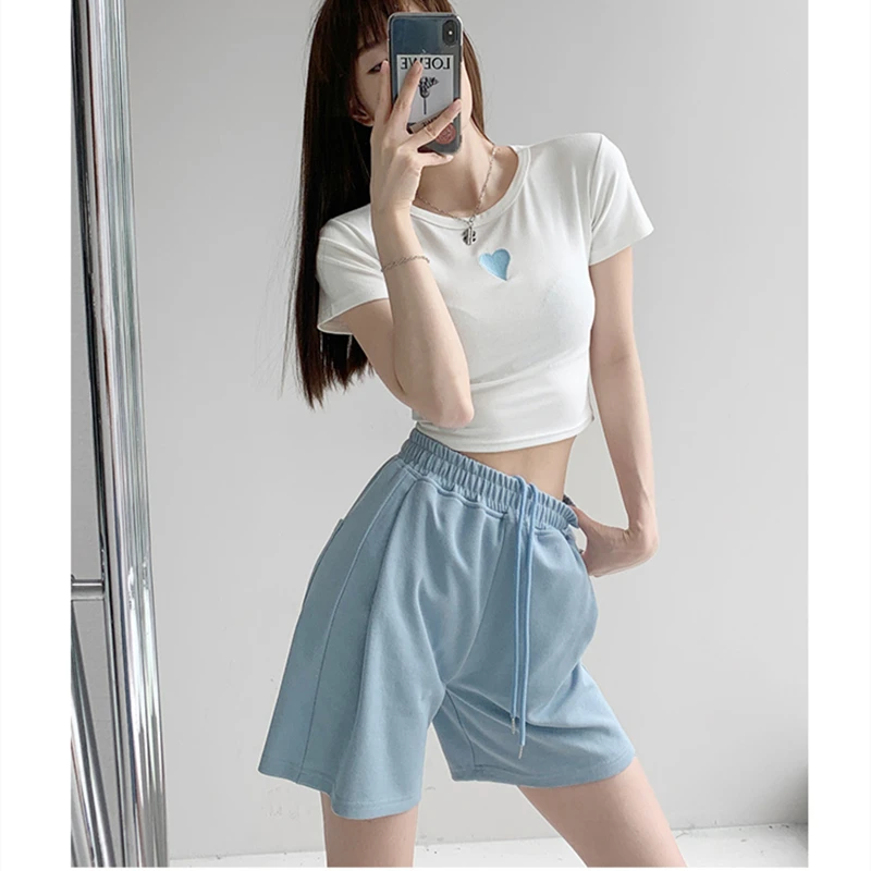 

Black Woman's Sweat Shorts Pants High Waist 2022 Summer Grey Vintage Straight Baggy Casual Ladies Drawstring Sweat Shorts Pants