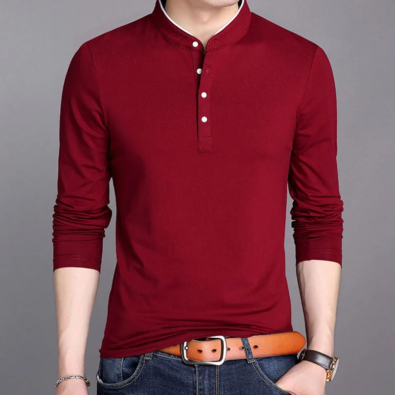 

Men Stand Collar T Shirt Long Sleeve Half Button Bottoming Shirt Spring Autumn Solid Color Thick Casual Slim Fit T-Shirts MY748