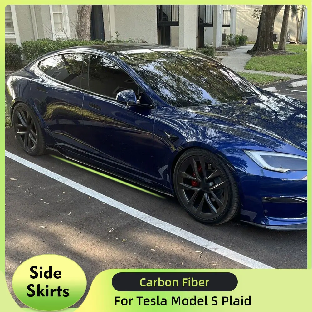 Фото Боковые юбки, удлиненные фартуки для губ для Tesla Model S Plaid Sedan, 4-дверный 2021-2023, автомобильный боковой удлинитель из углеродного волокна, спойлер для губ №1