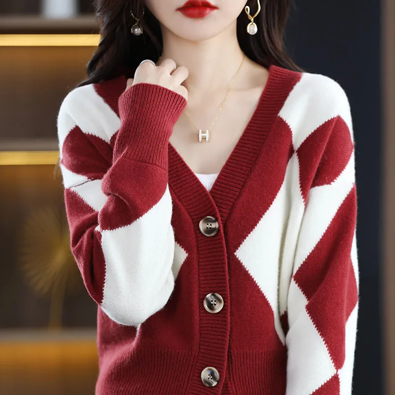 

Autumn And Winter New Women's Cardigan V-Neck Long-Sleeved Color-Blocking Sweater 100% Pure Wool Knitted Loose All-Match Top
