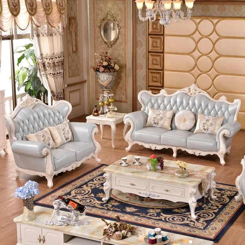 

Baroque Style Wood Frame Classic Baby Blue Princess Antique Set Leather Fabric Hand Carved Rococo Sectionals sofa